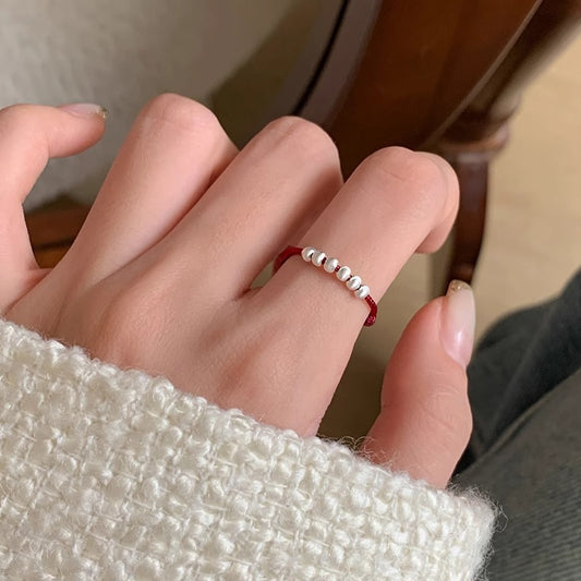 Zodiac Year Red String Fortune Bead Ring for Women, Fresh Style Pull-out Index Finger Ring, Niche Versatile Hand Jewelry New Arrival