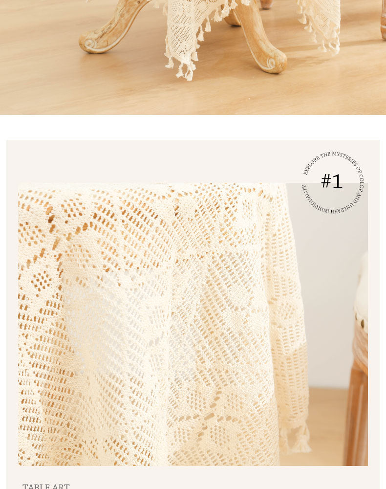 American Pastoral Cotton Woven Tablecloth Lace Hollow Crochet Tassel Dining Tablecloth French Cover Cloth Vintage Ins Tablecloth