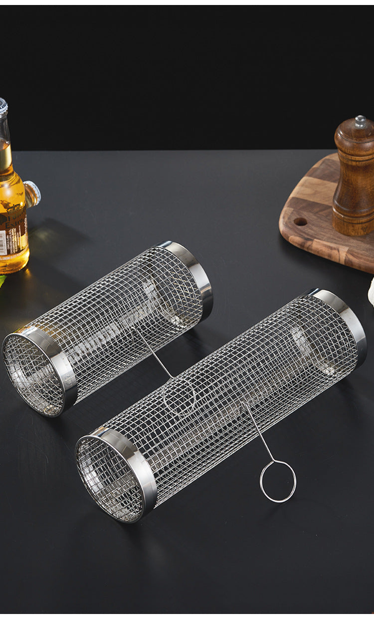 Stainless Steel BBQ Grill Net Tube Outdoor BBQ Cage Rolling BBQ Tube Cylindrical BBQ Net Meat Roasting Cylinder