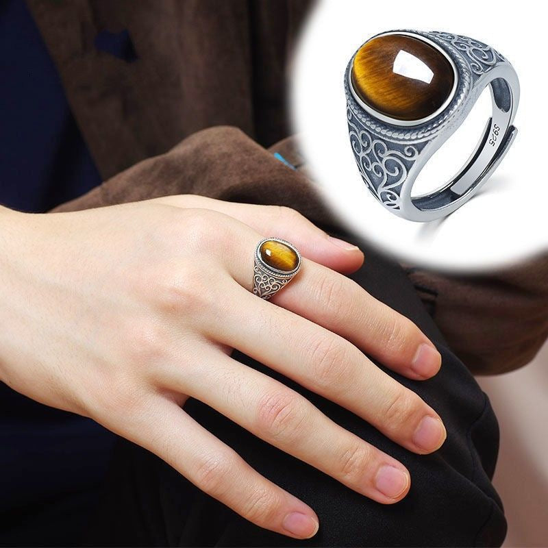 New S925 Silver Tiger Eye Stone Adjustable Men's Ring Vintage Style Natural Gift Open Ring Gold Feel