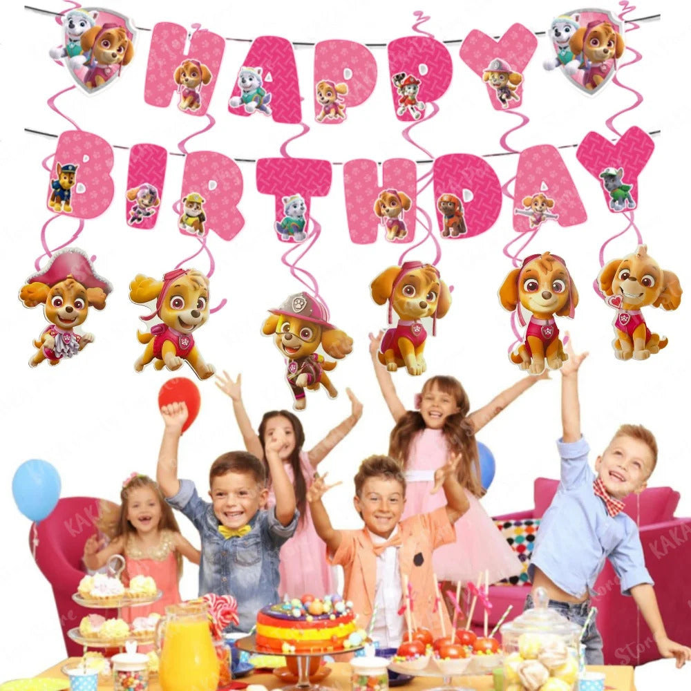 Skye Paw Patrol Birthday Decoration Pink Theme Paper Banner and 6 Hanging Swirls for Kids Girls Baby Shower Party Supplies Set