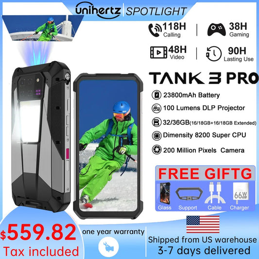 Unihertz Tank 3 Pro 8849 Rugged 5G Smartphone Android with 100 Lumens Projector 32GB 512GB 23800mAh 6.79" FHD Waterproof Phone