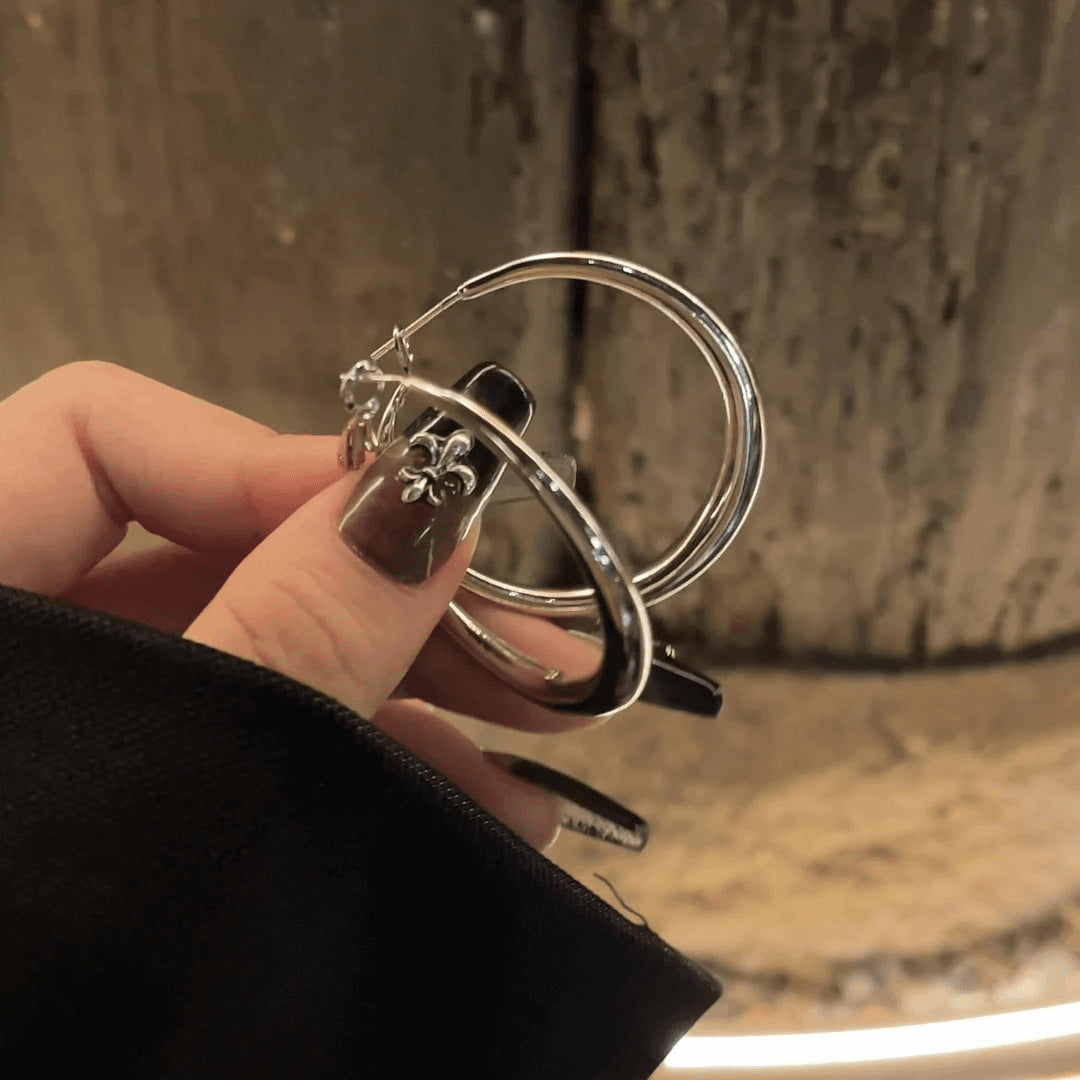 925 Silver Needle Hong Kong Style Retro Metal Earrings Women's High-Grade Geometric Simple Bracelet Ear Clip All-Match Exaggerated Commuter Earrings