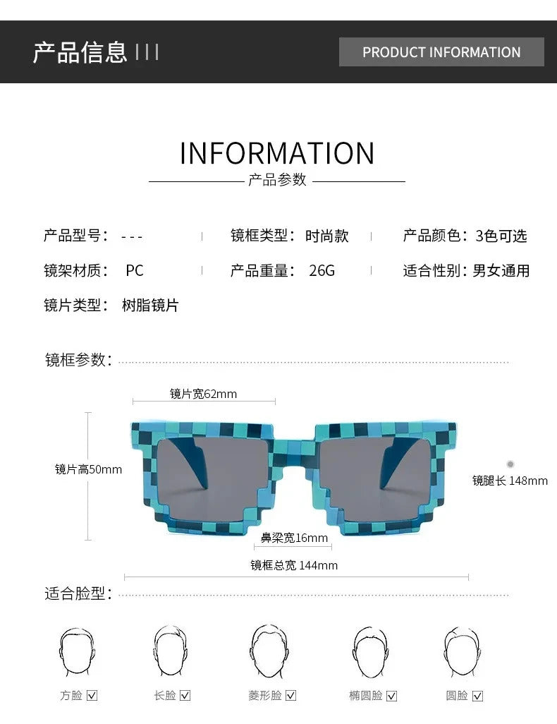 New fashion Sun Glasses Hot Sale Sunglasses Creeper Glasses Novelty Mosaic Funny Goggles Boys Girls Pixel Eyewear
