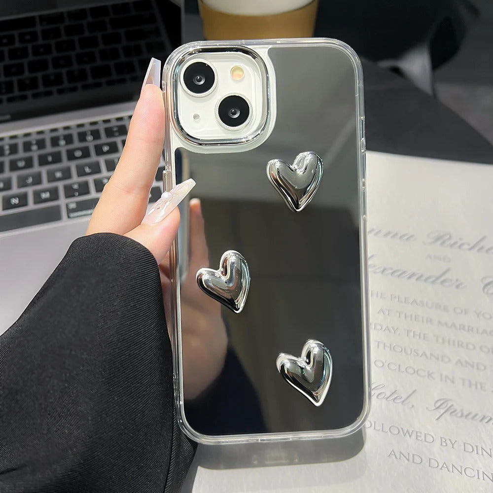 Love Heart Lanyard Mirror Phone Case For iPhone 13 11 16 15 Pro Max 12 14 Plus XR X XS Case Wrist Chain Makeup Mirror Soft Cover