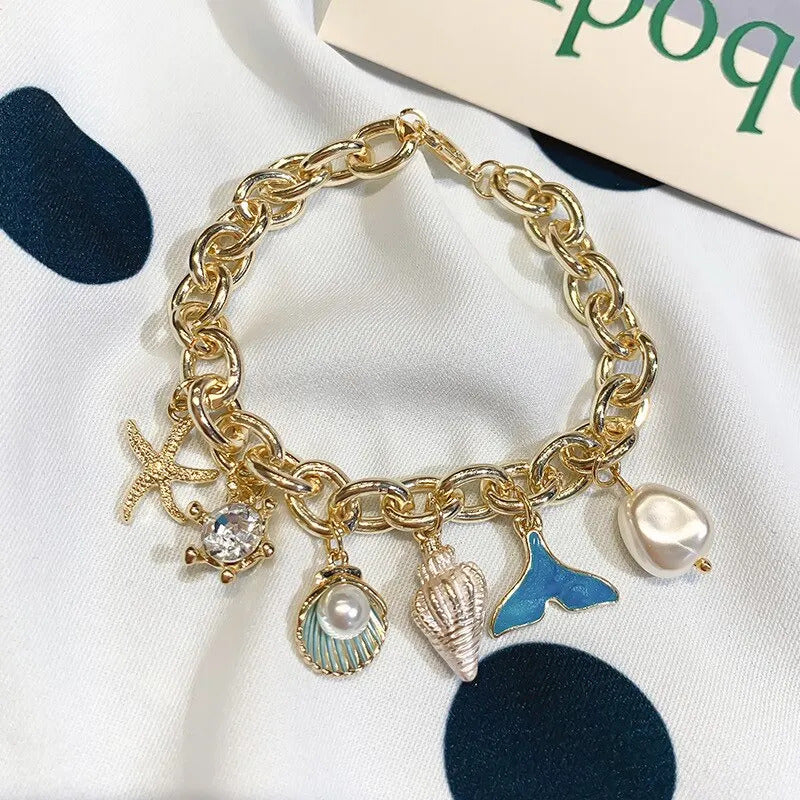 Starfish Shell Conch Bracelets For Women Imitation-pearl Gold-color Chain Bracelet Bangle Ocean Wristband Summer Beach Jewelry