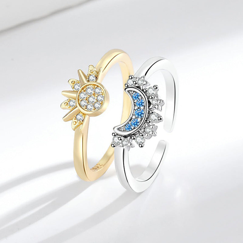 Cross-Border European and American Style Simple Design Sun and Moon Stackable Rings for Women with Diamonds Sun Moon Couple Rings