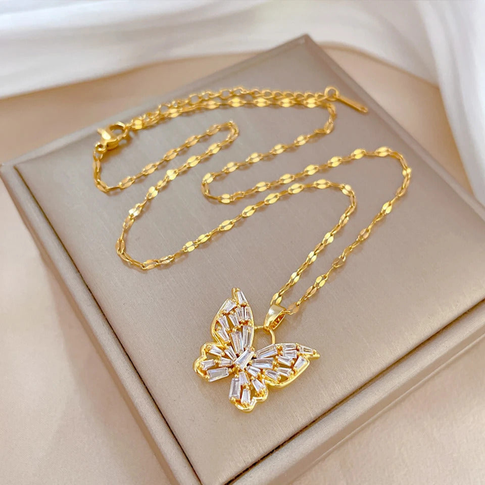 ZAKOL Classic Gold Color Stainless Steel Necklace For Women Shiny Zircon Geometric Heart Pendant Necklaces Jewelry Gift