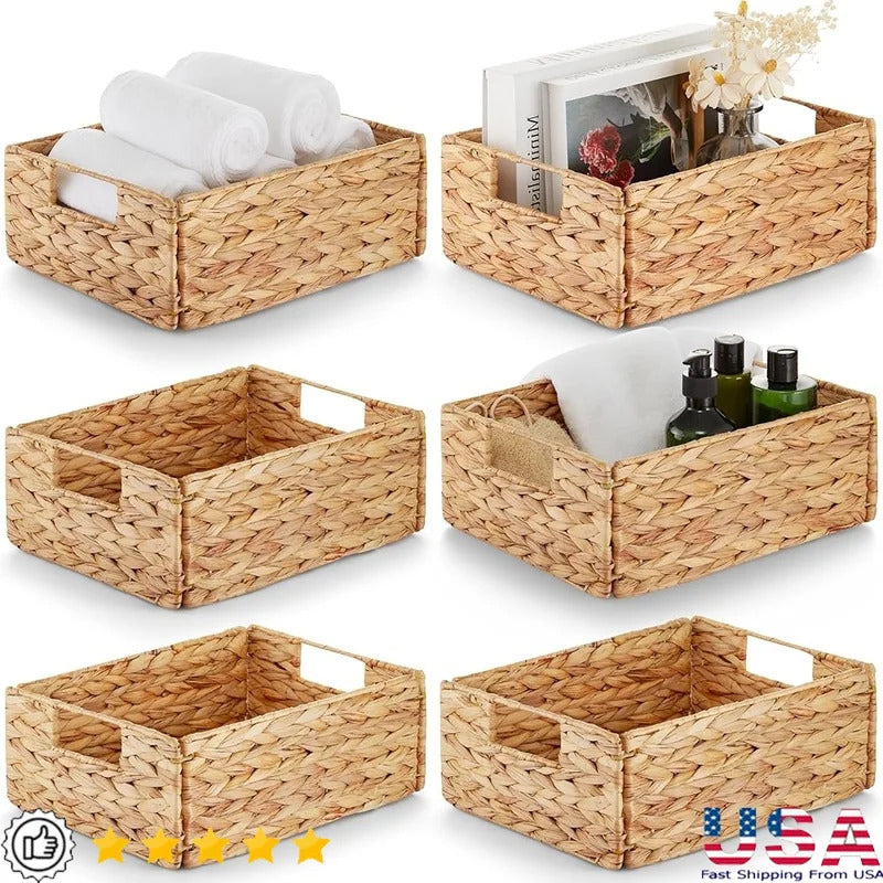 6 Piece Woven Water Hyacinth Storage Baskets Handcrafted Organizers with Handles Home Office Kitchen Living Room