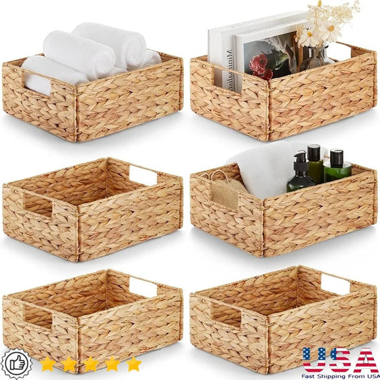 6 Piece Woven Water Hyacinth Storage Baskets Handcrafted Organizers with Handles Home Office Kitchen Living Room