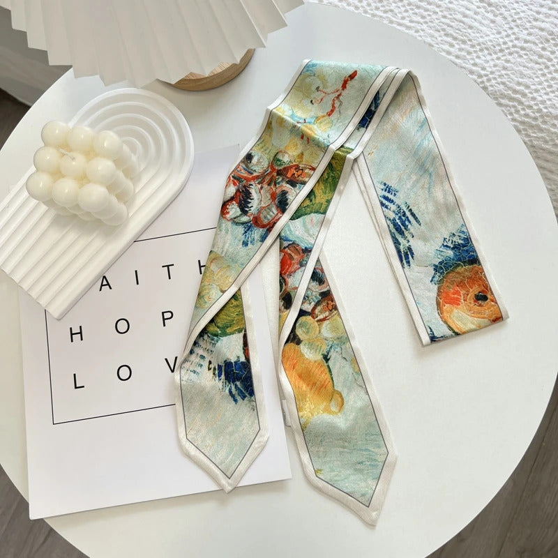 High-Grade Flower Print Long Silk Scarf Hair Band Ribbon Tied-up Hair Long Bow Vintage Satin Ribbon Hair Accessories For Women