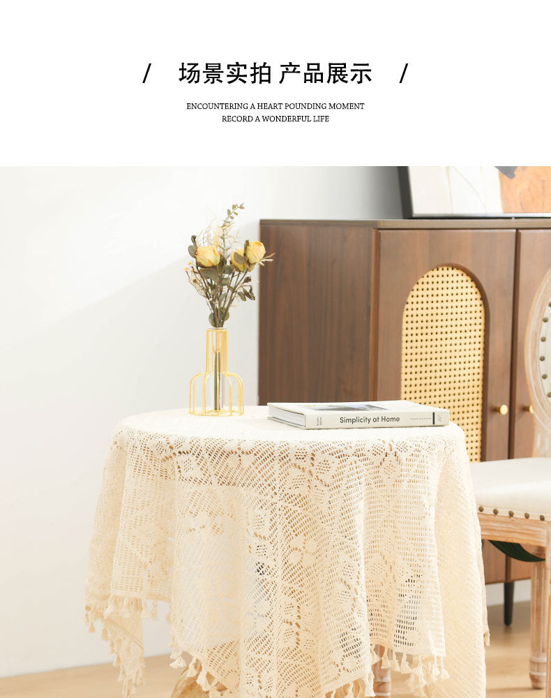American Pastoral Cotton Woven Tablecloth Lace Hollow Crochet Tassel Dining Tablecloth French Cover Cloth Vintage Ins Tablecloth