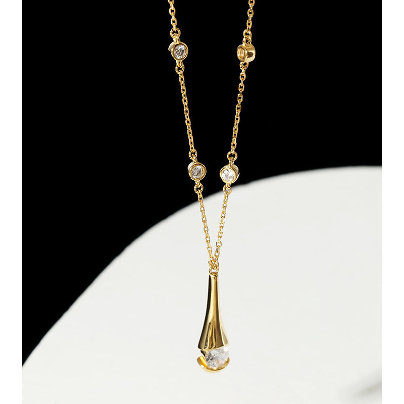 925 Sterling Silver Women's Shiny Water Drop Collarbone Chain High-end Niche Design Ins Style Necklace