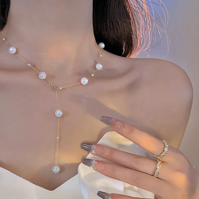 New Simple Long Imitation Pearls Back Necklace for Women Sexy Tassel Pearl Harness Bikini Chest Chain Body Jewelry Mujer