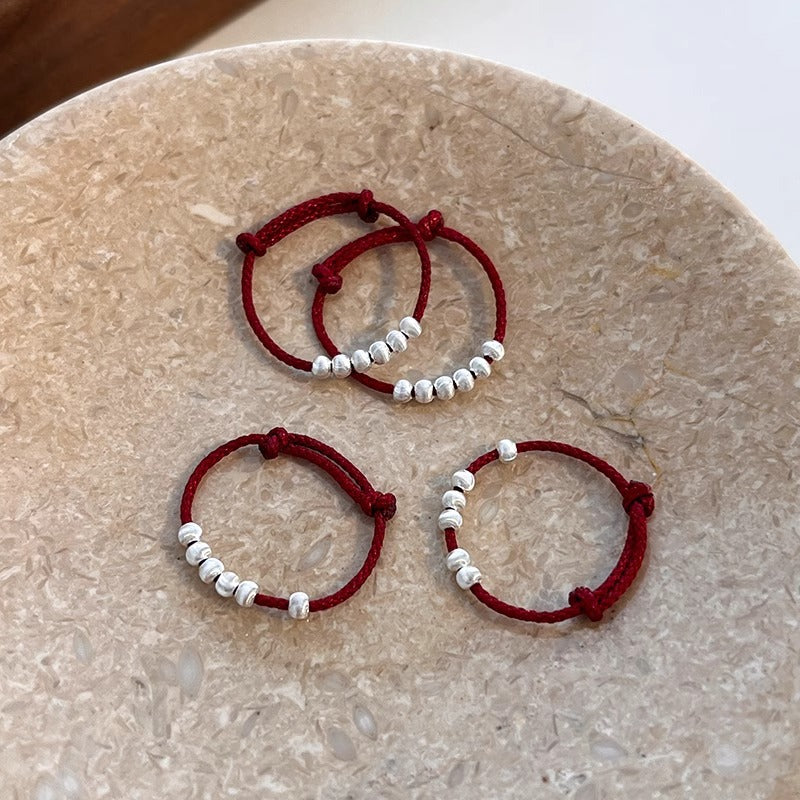 Zodiac Year Red String Fortune Bead Ring for Women, Fresh Style Pull-out Index Finger Ring, Niche Versatile Hand Jewelry New Arrival