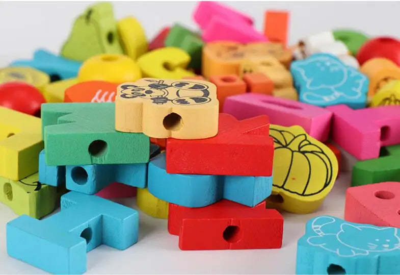 26pcs Wooden Toys Baby DIY Toy Cartoon Fruit Animal Stringing Threading Wooden beads Toy Monterssori Educational for Kids GYH