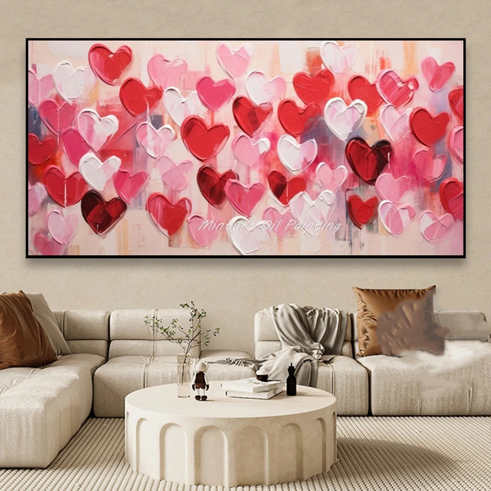 Mintura,100% Handmade Knife Graffiti Pink Red Heart Oil Painting on Canvas,Modern Abstract Wall Art Picture,Room Home Decoration
