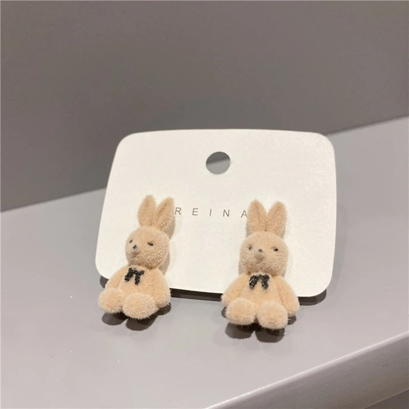 Cute Flocking Plush Rabbit Bear Stud Earrings Kawaii Brown Khaki Animal Earrings For Women Girls Korean Earring Jewelry