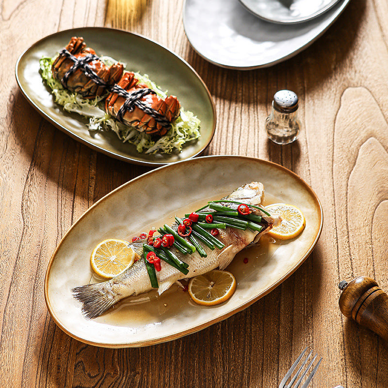 Vintage Coarse Pottery Oval Ceramic Long Plate Restaurant Home Large Capacity Personalized Fish Plate Sushi Pastry Dessert Display Plate