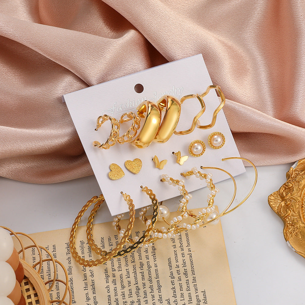 Exaggerated Faux Pearl Earrings 9-Piece Set Vintage Alloy Geometric Hoop Earrings Set Jewelry