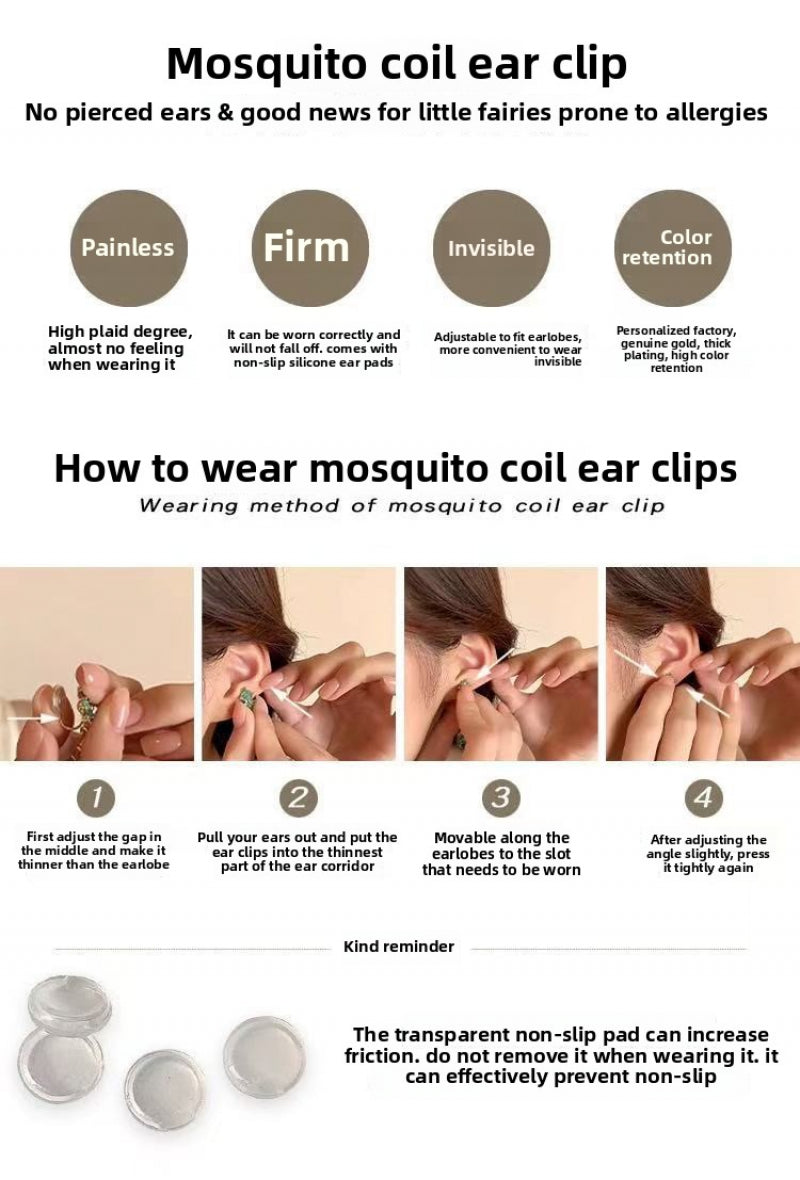 Heart Clover Mosquito Coil Clip-On Earrings Without Piercing Cat's Eye Stone Earrings for Women Sweet Studs Light Luxury Elegant Earrings