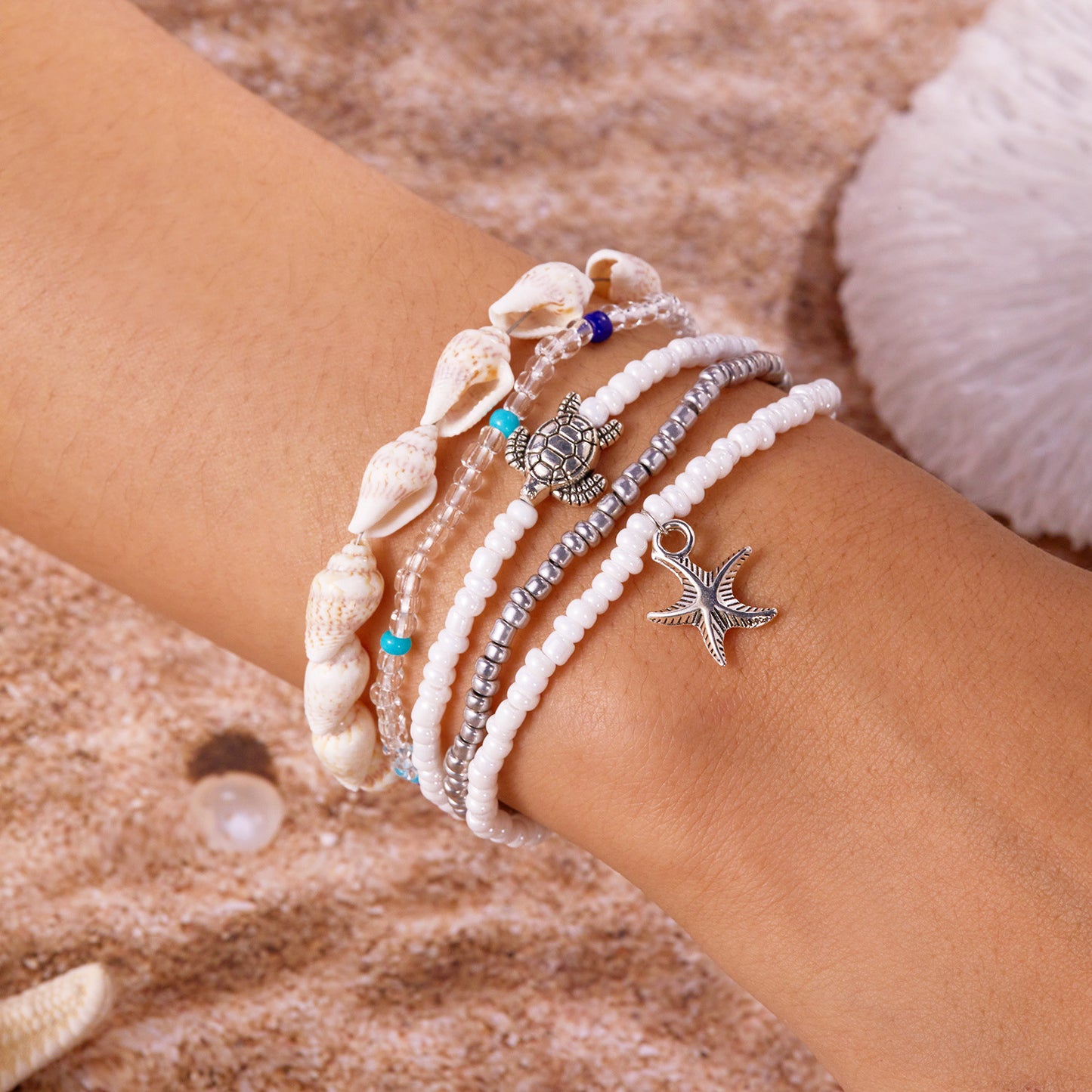 Bohemian Style Beach Vacation Conch Starfish Turtle Seed Bead Bracelet for Women