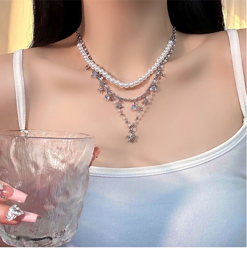Iterative Five-pointed Star Pendant Pearl Necklace Cold Style Light Luxury Spice Clavicle Chain