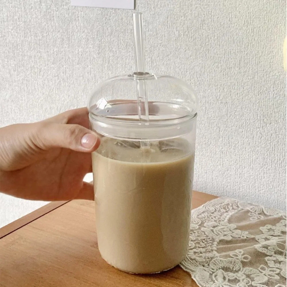 500ml Glass Coffee Cups With Lids Straws,Clear Smoothie Glasses,Round Dome Tumbler,Beer Mug,for Iced Tea Juice,Summer Drinkware