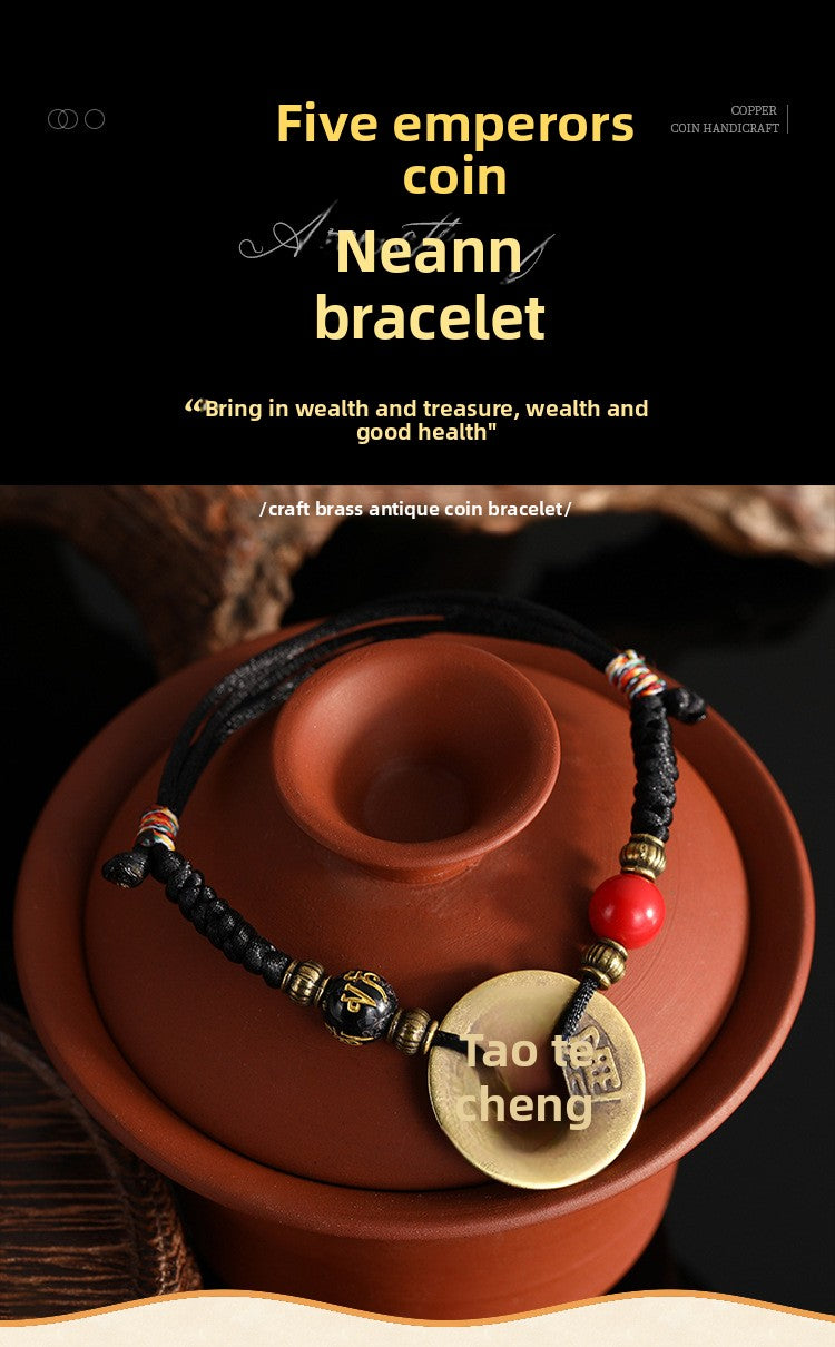 Five Emperor Coins Woven Bracelet Pure Copper Copper Coins Woven Five Emperor Coins Qianlong Copper Coin Bracelet Red String