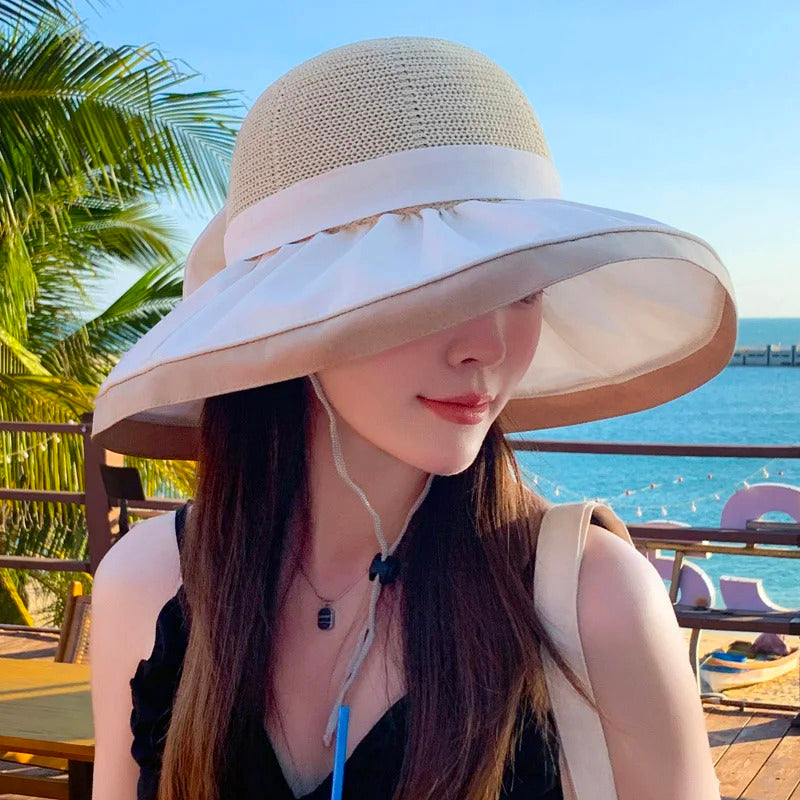 Women Bucket Hats Summer Sun Hat Large Brim Neck Protection Sunshade Hats with Bow Fisherman Caps for Ladies