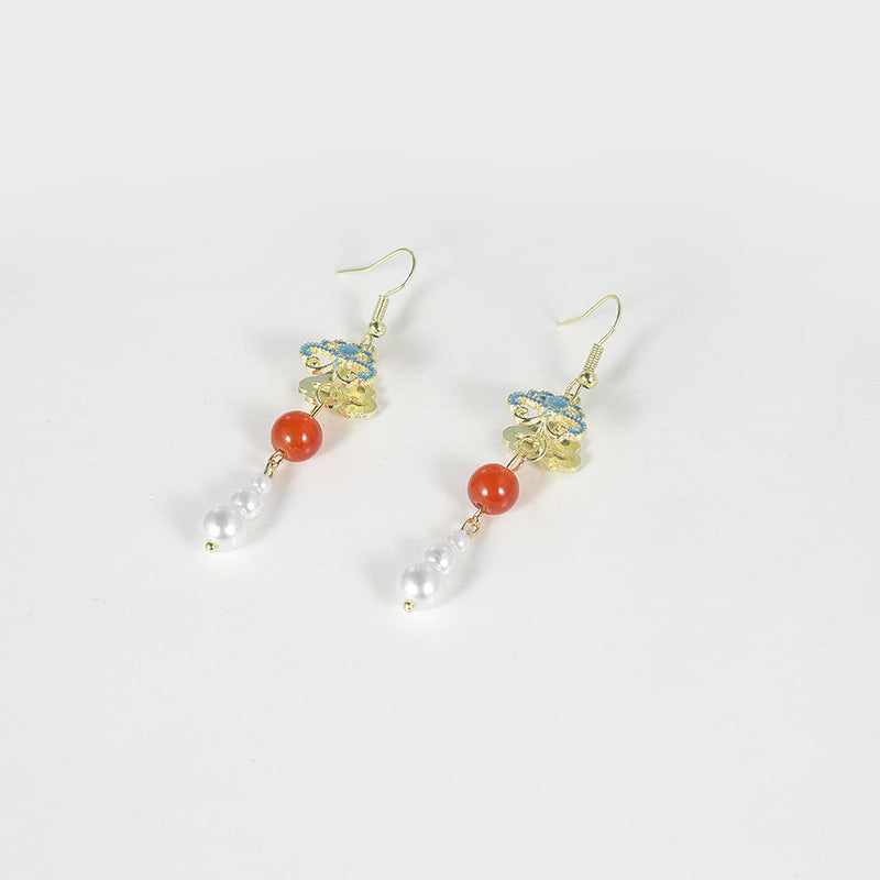 New Chinese Style Pearl Long Earrings Ancient Style Ear Clips Non-Pierced Women Retro Blue Butterfly Earrings Cheongsam Hanfu Ear Accessories