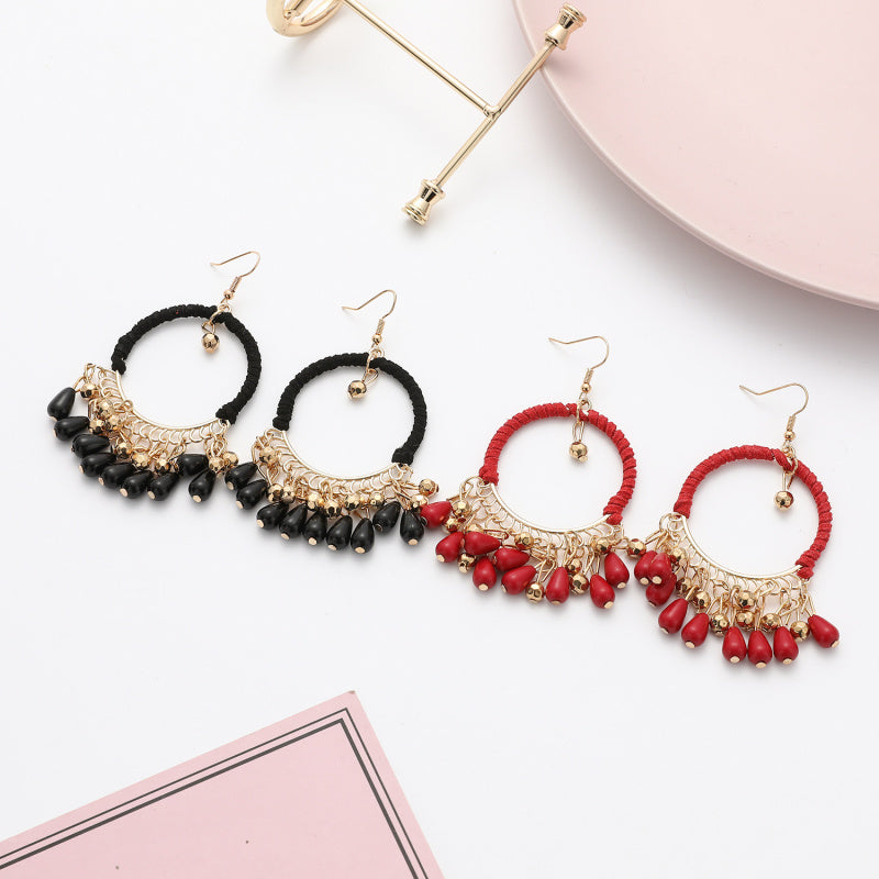 Ethnic Style Handwoven Earrings Bohemian Retro Round Water Drop Tassel Earrings