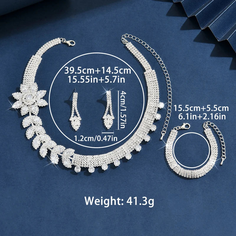 4PC Women's Fashion Flower Necklace Earrings Bracelet Jewelry Set Light Luxury Suitable for Wedding, Party, Festival Gifts-8541