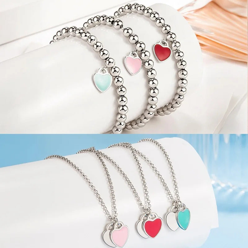 Designer 925 Silver Jewelry Necklace Woman Retro Heart-Shaped Enamel For Girls Cute Silver Bead Birthday Gift