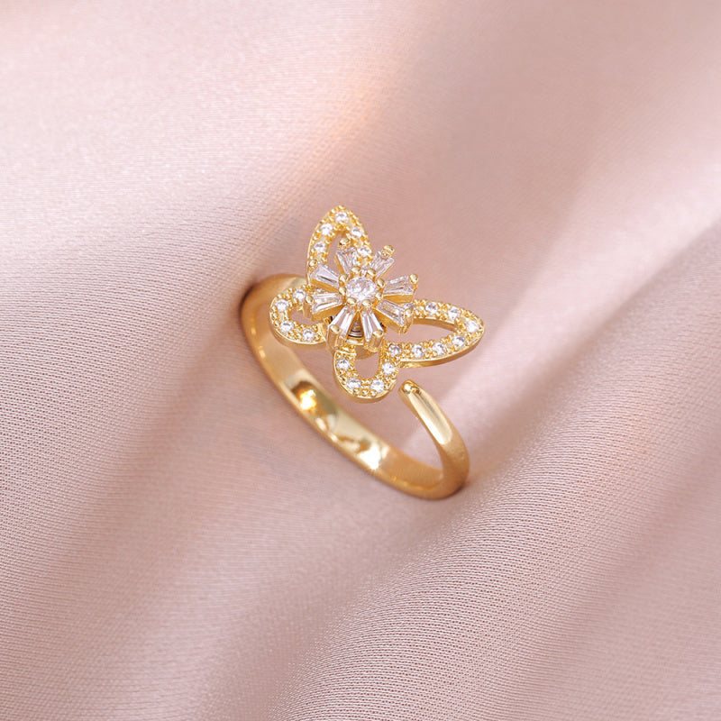 Rotating Ring for Women with Micro Paved Zircon, Elegant and Minimalist Style, Versatile Full Diamond Round Clover Ring Jewelry