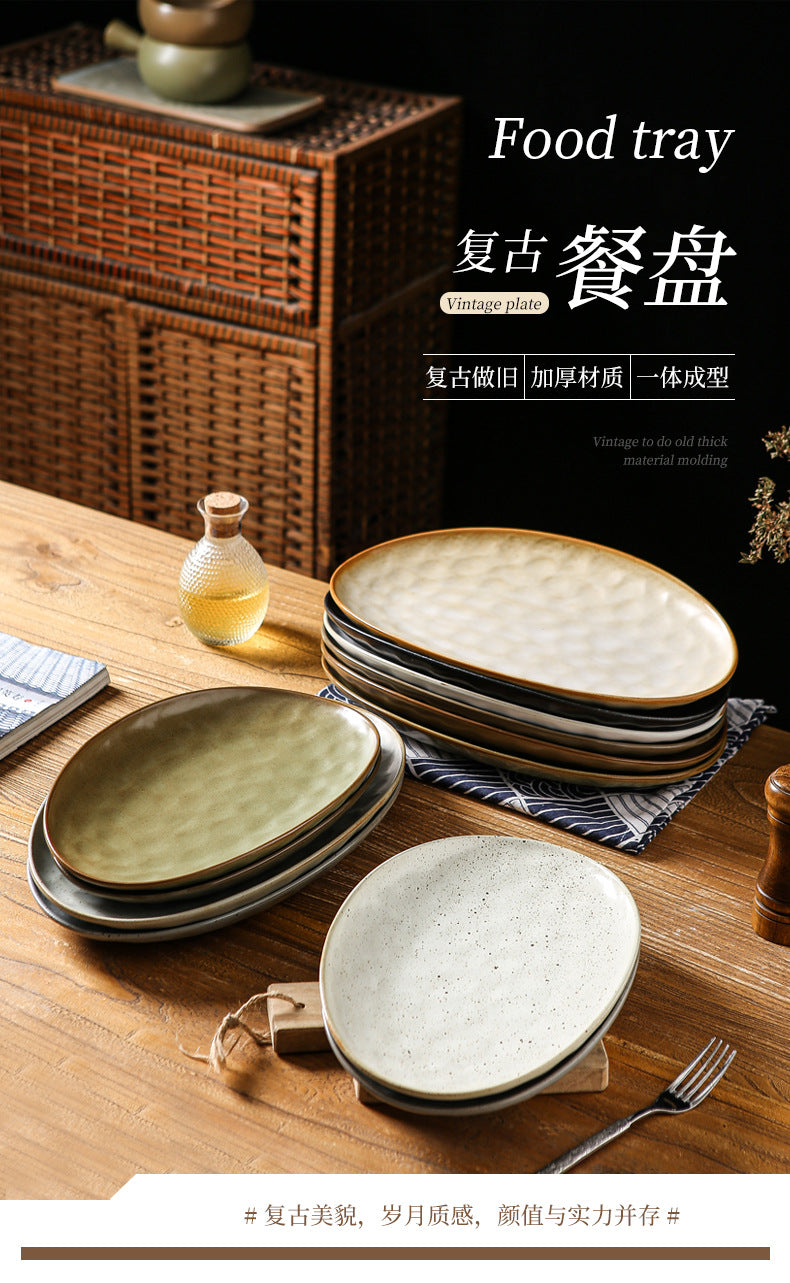 Vintage Coarse Pottery Oval Ceramic Long Plate Restaurant Home Large Capacity Personalized Fish Plate Sushi Pastry Dessert Display Plate