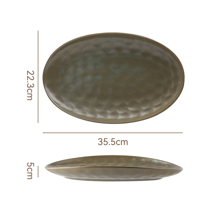 Vintage Coarse Pottery Oval Ceramic Long Plate Restaurant Home Large Capacity Personalized Fish Plate Sushi Pastry Dessert Display Plate