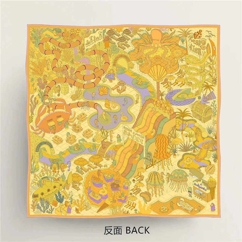 90Cm High-quality Twill Silk Double-sided Printing Submarine Playground Women's Large Square Scarf Scarf Chest Wrap Scarf