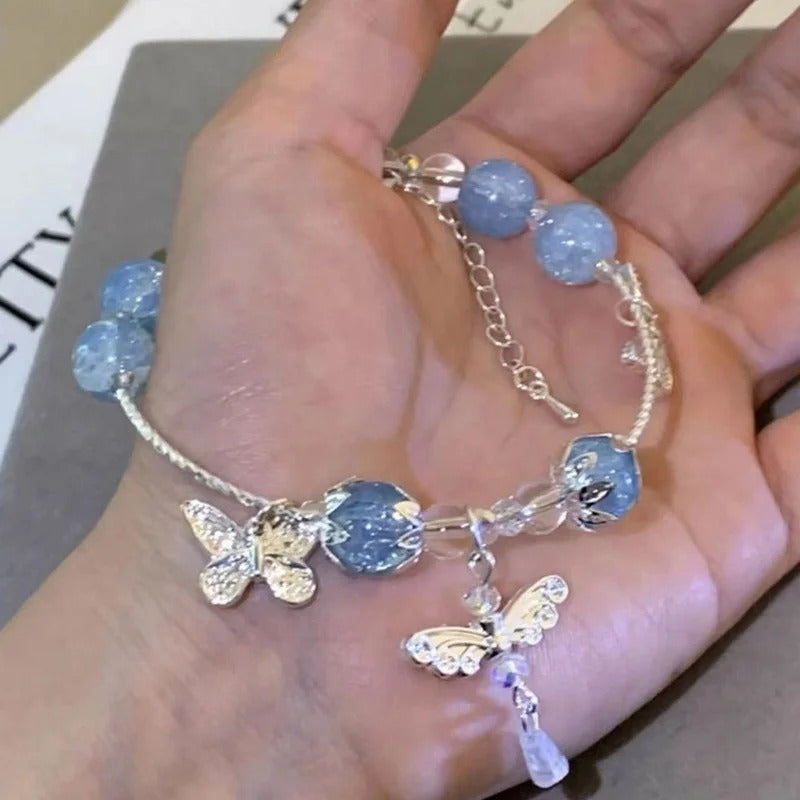 Light Luxury Purple Glass Crystal Beaded Bracelets for Women Chic Butterfly Tassel Pendant Bracelets Sweet Girl Wrist Jewelry