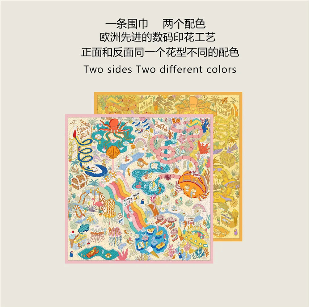90Cm High-quality Twill Silk Double-sided Printing Submarine Playground Women's Large Square Scarf Scarf Chest Wrap Scarf