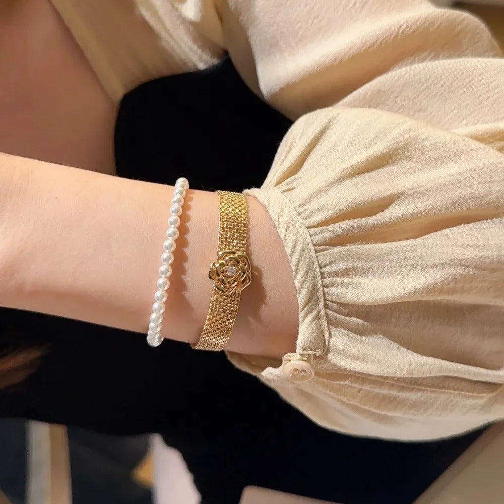 Luxury Camellia Flower Bangle Bracelets Watch Bands Woman 18K Rose Gold Silver High Grade Fine Jewelry Birthday Gifts Christmas