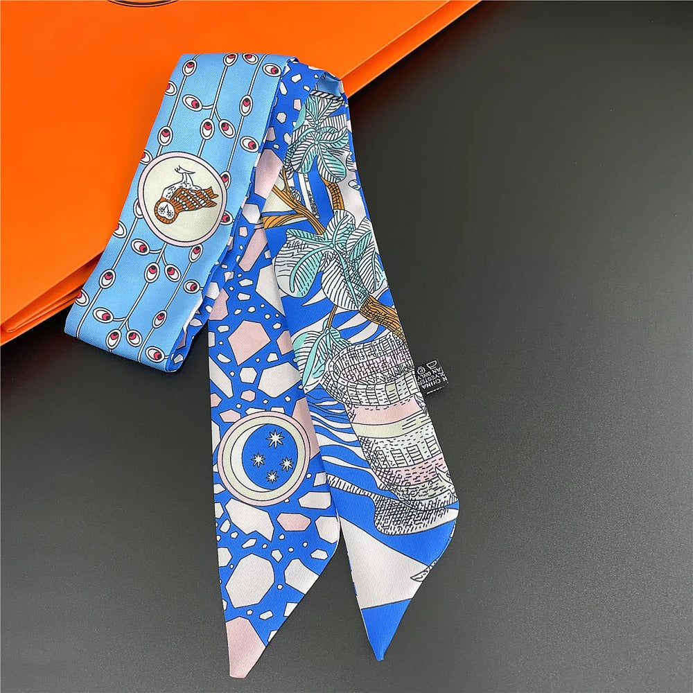 Fashion Women Hair Scarf 2024 New Brand Design Luxury Silk Scarf Fashion Print Headband Skinny Bag Scarves Neckerchief