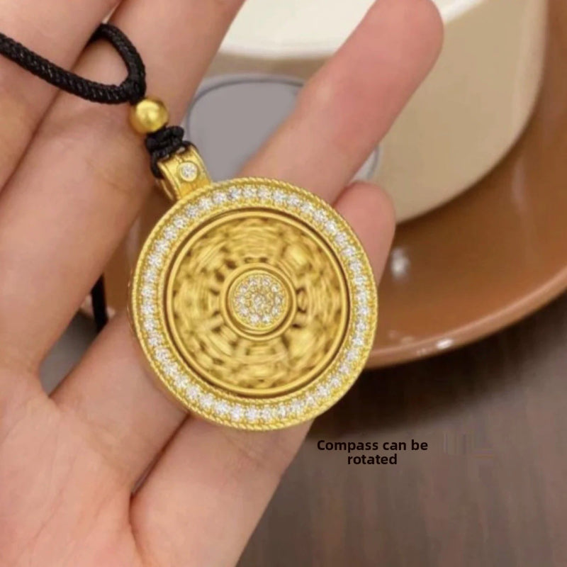 New Chinese-style Rotating Diamond-encrusted Eight Treasure Compasses Pendant Ancient Sand Gold Hollow Cafe Rope Black Rope Necklace for Women