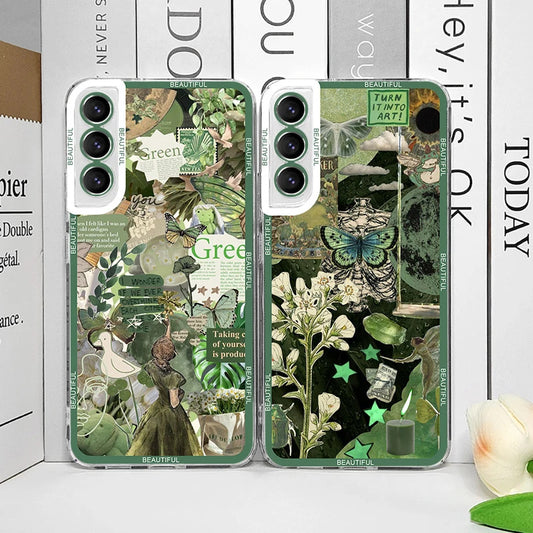 Cool Green Retro Flower Stickers Phone Case for Samsung Galaxy A55 A54 A53 A52 A51 A70 A22 A13 4G 5G Soft TPU Clear Cover Fundas