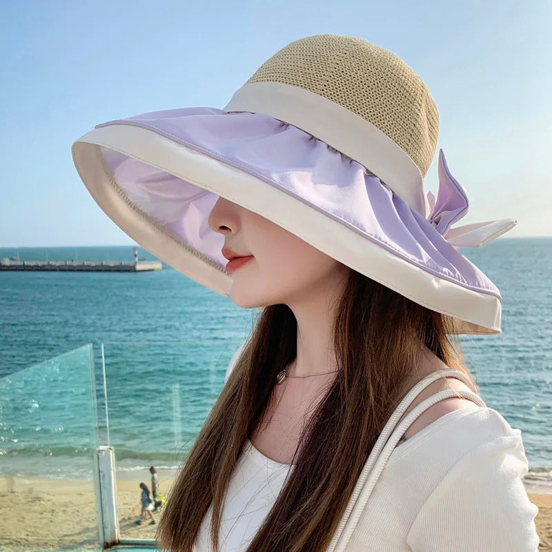 Women Bucket Hats Summer Sun Hat Large Brim Neck Protection Sunshade Hats with Bow Fisherman Caps for Ladies