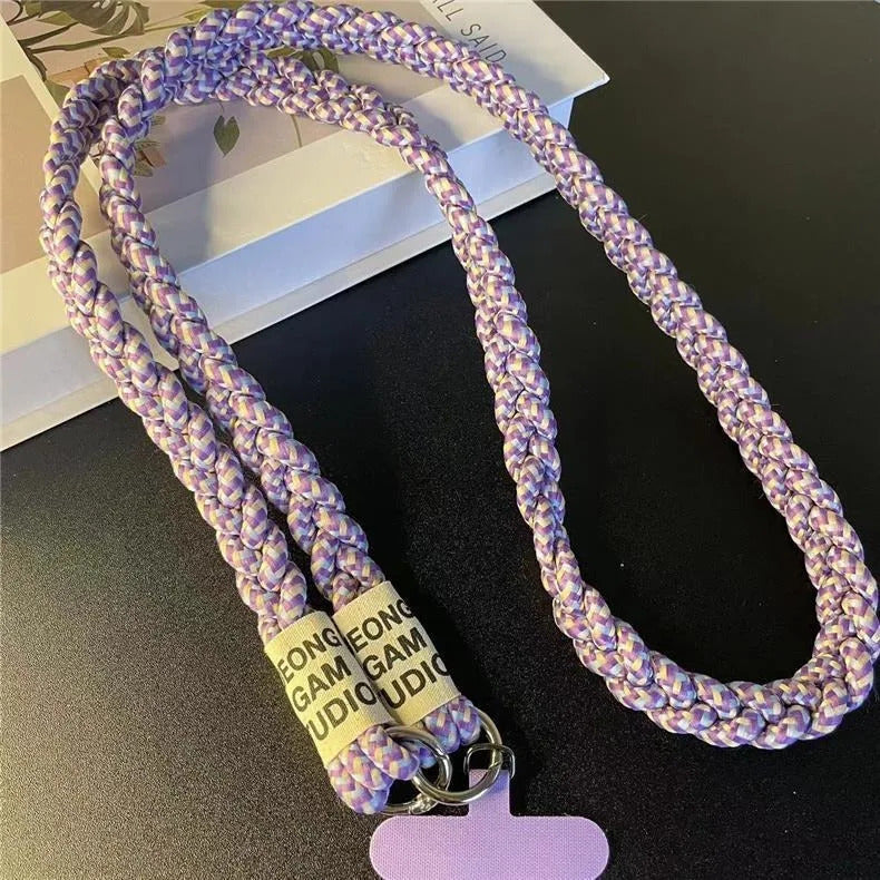 Durable Three-Strand Braided Mobile Phone Lanyard Long Crossbody Shoulder Strap with Ponytail Holder Pendant for Women