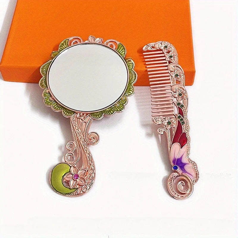 Europe Large Peacock Pattern Metal Carry Folding Makeup Mirror With Comb Hand Hold Cosmetic Mirror With Handle For Gifts