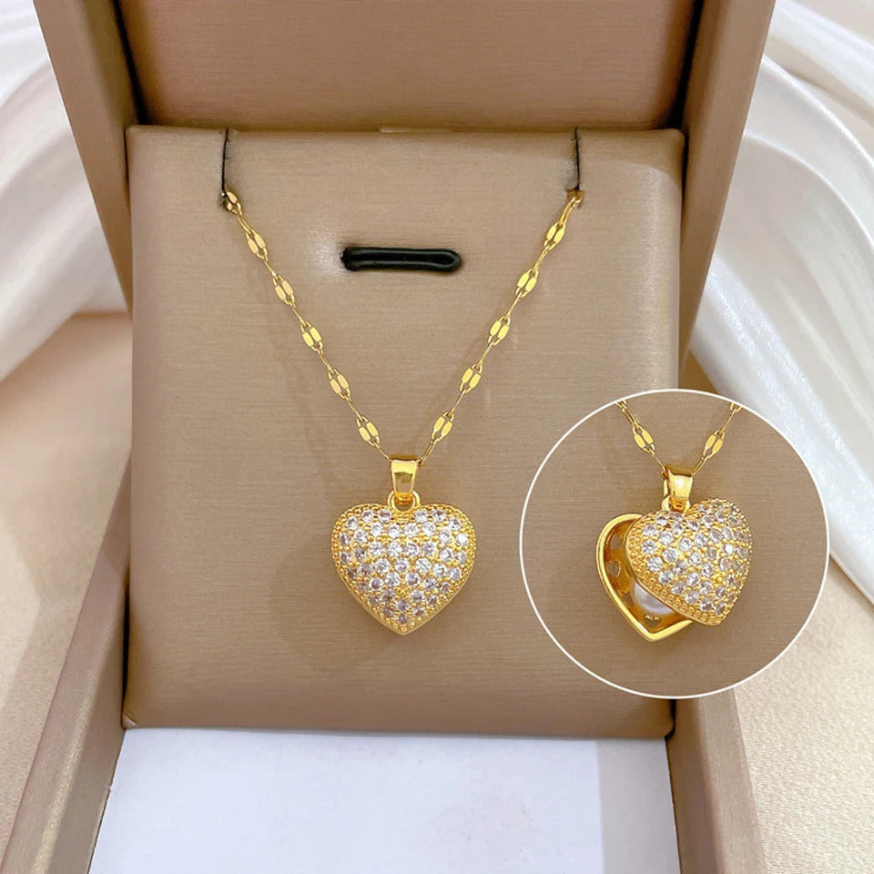 ZAKOL Classic Gold Color Stainless Steel Necklace For Women Shiny Zircon Geometric Heart Pendant Necklaces Jewelry Gift