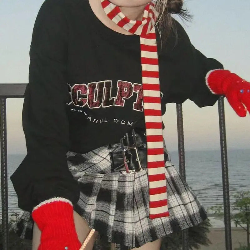 2024 Women Harajuku Cotton Scarves Y2k Black Grey Stripe Long Scarves 180cm Thin Long Decorative Neckerchief Fashion Streetwear