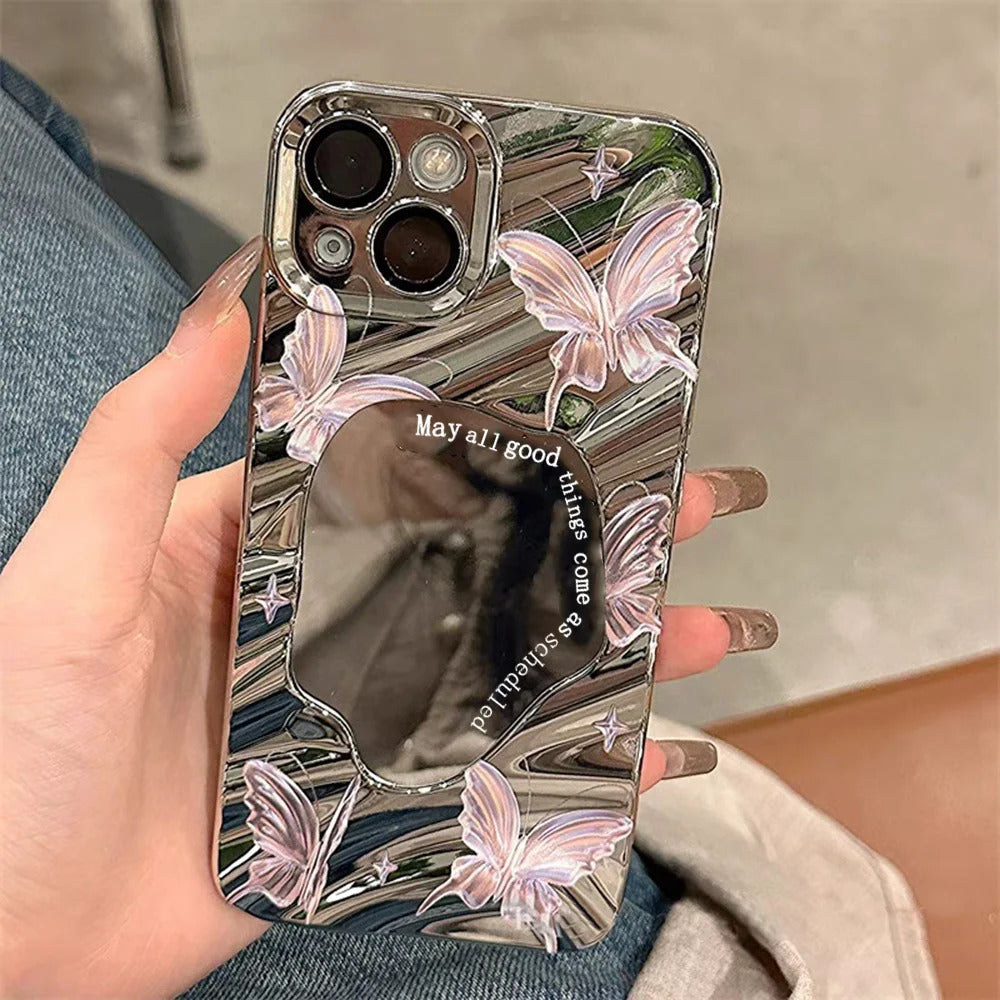 Pink Tulip Flower Phone Case For iPhone 11 Case iPhone 16 13 12 14 15 Pro Max Plating Make Up Mirror Wavy Soft Shockproof Cover